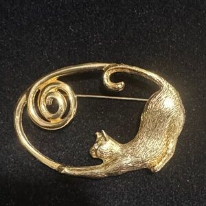 Vintage playful cat gold‎ colored brooch
